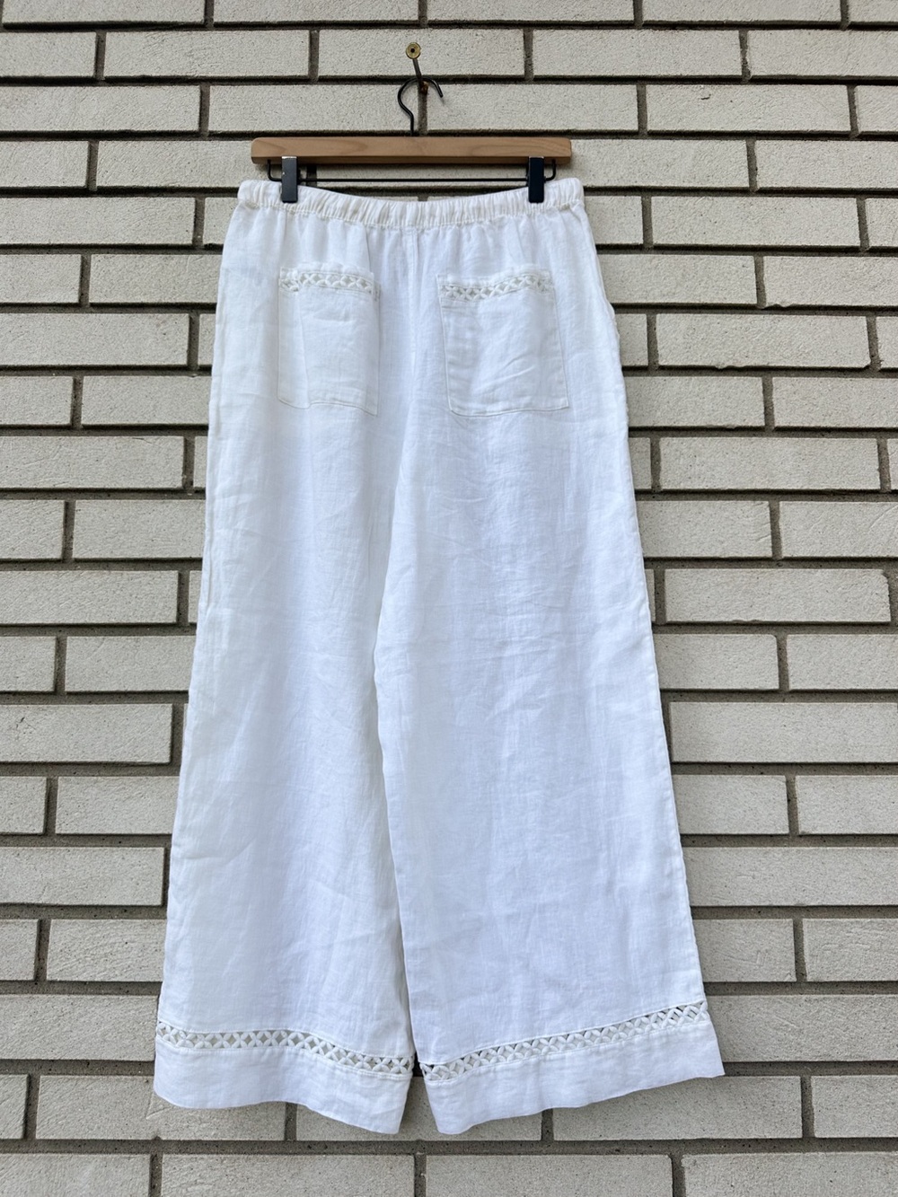 Joie S Ivory White Linen Wide Leg Pull On Pants Embroidered Crochet Trim - Picture 6 of 8